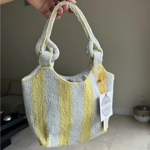 Handmade Yellow & Silver Beaded Tote Bag – Knotted Handle Detail - Picture 2 of 6